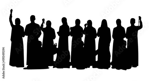 Silhouettes of people celebrating with hands raised in unity and joy