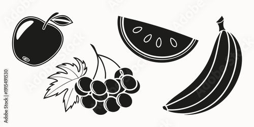 Assorted fruits including grapes, apple, watermelon, and banana Vector