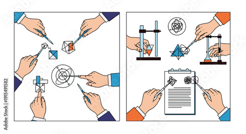 Top-down view of collaborative hands engaged in scientific research and engineering, working with geometric models and laboratory equipment.