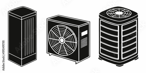Three distinct types of industrial fans showcasing different designs and functionalities Vector