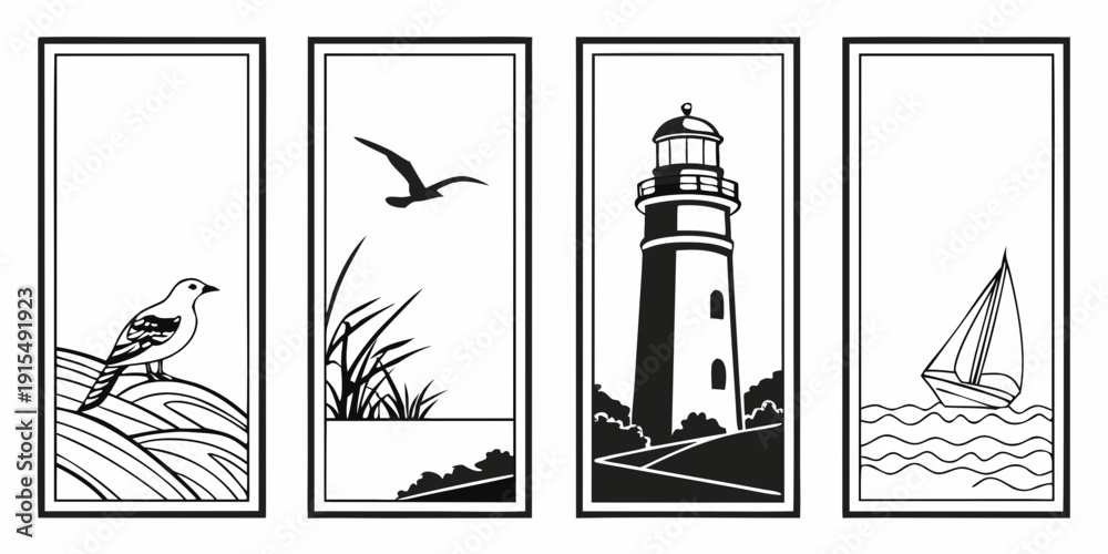 Fototapeta premium Four distinct black and white illustrations depicting nature and a lighthouse Vector