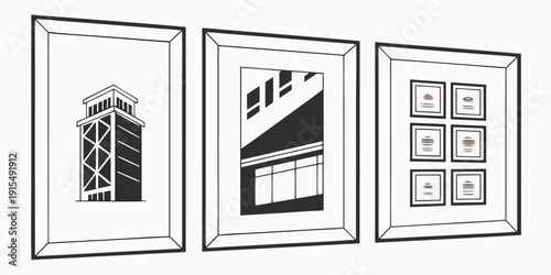 Three distinct architectural structures framed in windows Vector