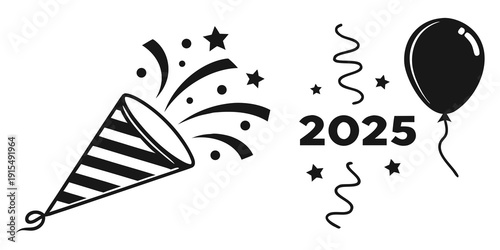 Celebratory graphics featuring a party popper, stars, and a black balloon with the year 2025 Vector
