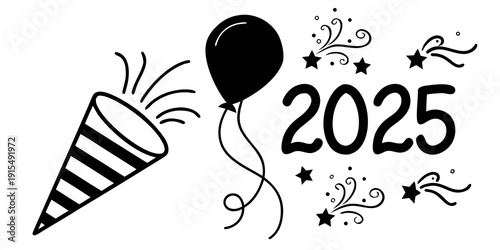 A festive illustration featuring a party popper and balloons with the year 2025. Vector