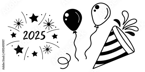 Celebrating the arrival of the new year with festive decorations and party hats. Vector