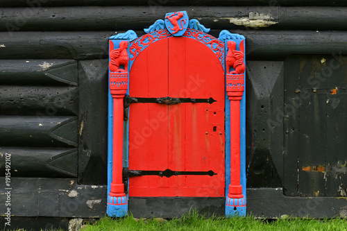 Traditional Feroe antique carved door Kirkjubour.
