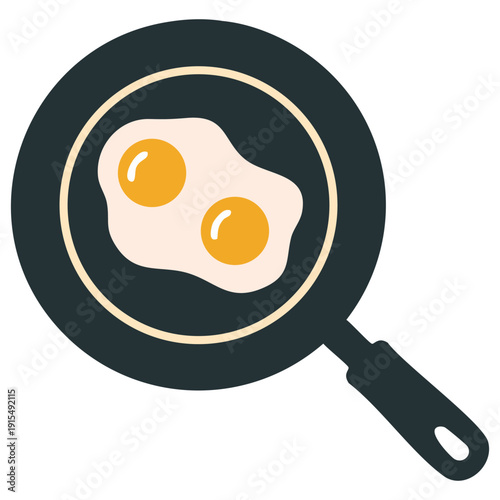 Blue skillet containing perfectly cooked fried eggs for breakfast menu vector design