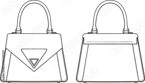 Technical flat sketch of luxury leather handbag with top handle and triangular envelope flap, cad drawing flat vector illustration template