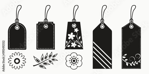 Assorted black tags with various designs and symbols Vector