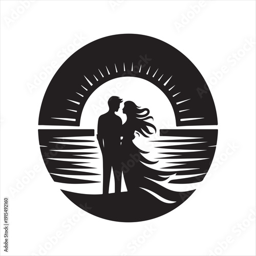 sunset couple vector silhouette line art logo concept illustration