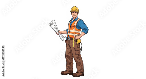 Construction Worker with Blueprint and Tools.