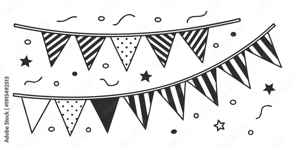 Fototapeta premium Colorful triangular flags with musical notes and stars on a string Vector