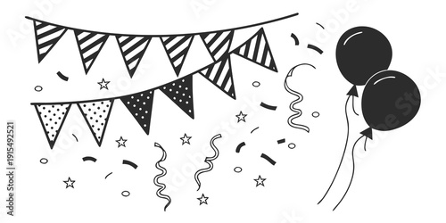 Celebration scene with black and white balloons, streamers, and confetti. Vector