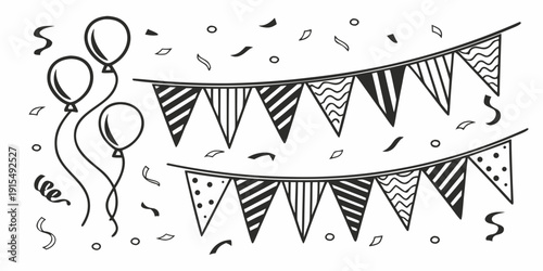 Colorful streamers and zigzag banners decorating a festive event setup. Vector