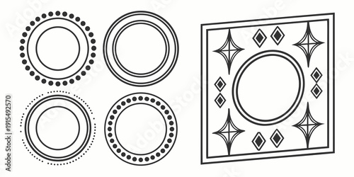 An assortment of geometric shapes including circles and squares with various patterns. Vector