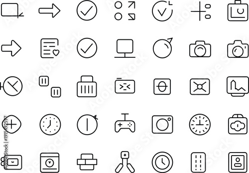 User interface UI icon set line vector collection featuring controls, camera, navigation, settings, digital symbols illustration
