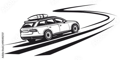 A car is driving on a winding road, with a taxi sign on top. Vector