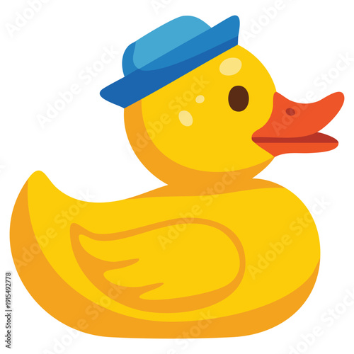 Rubber duck toy wearing bathing cap surrounded by soap bubbles vector design