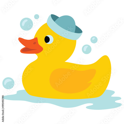 Happy yellow duck with bubbles for children bathroom and play concepts vector illustration