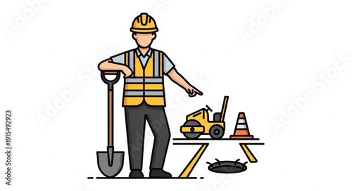 Construction Worker Standing with Shovel.