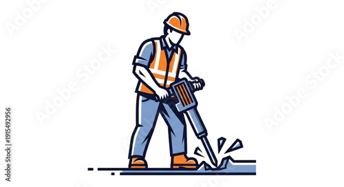 Construction Worker Using Jackhammer on Ground.