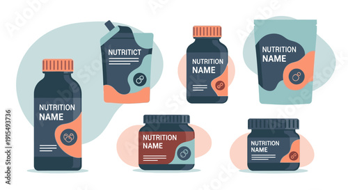 Colorful abstract design on various supplement packaging.