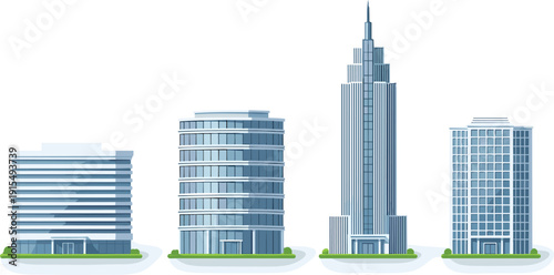 Modern Corporate Office Buildings Set Featuring Glass Skyscrapers and Urban Commercial Architecture Vector Illustration Collection