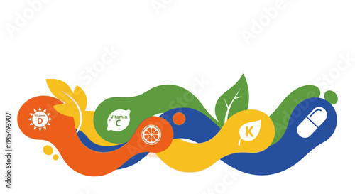 Colorful abstract design on various supplement packaging.