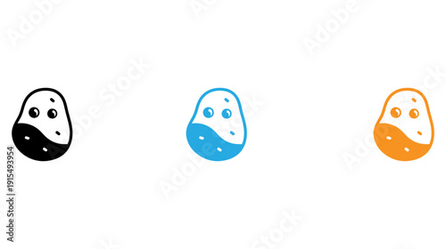 Three stylized character icons with distinct color themes and facial features isolated on transparent background, Vector