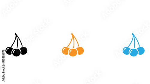 Three stylized illustrations of different colored cherry clusters with stems isolated on transparent background, Vector