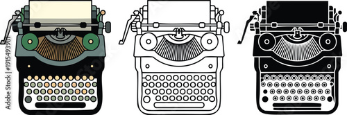 Vintage typewriter silhouette & Outline and illustration set isolated on transparent background