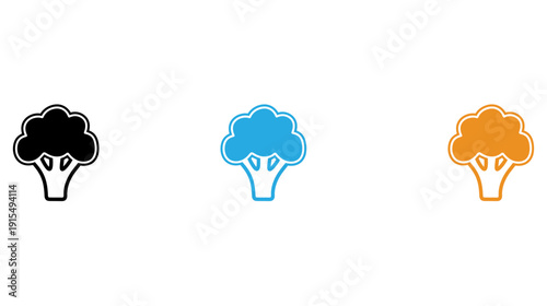 Three stylized broccoli illustrations in different colors representing variety and healthfulness. isolated on transparent background, Vector
