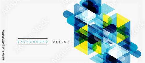 Abstract geometric shapes, vibrant colors, modern design. Overlapping layers create dynamic visual effect. Minimalist style, clean presentation.