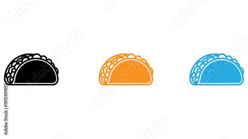Three stylized tacos with different fillings and tortilla styles shown in a row isolated on transparent background, Vector