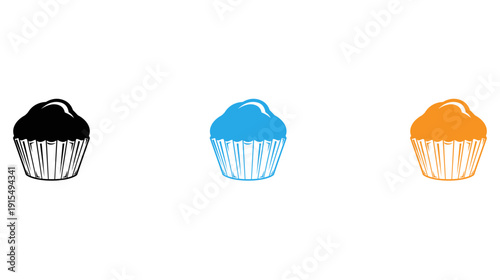 Three stylish cupcakes with different colored wrappers and frosting isolated on transparent background, Vector