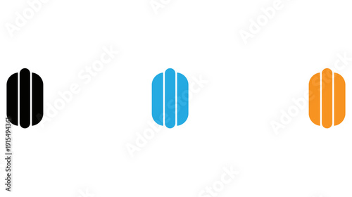 Three stylized abstract symbols featuring vertical lines and curved shapes in different colors isolated on transparent background, Vector