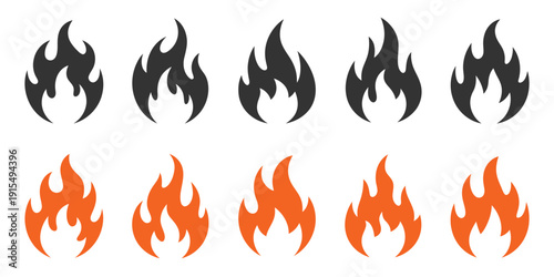 Fire Flame Icon Set, Collection of Bonfire Silhouettes and Flame Symbols in Flat Style, Perfect for Digital Design, Stock Graphics, and Creative Projects.