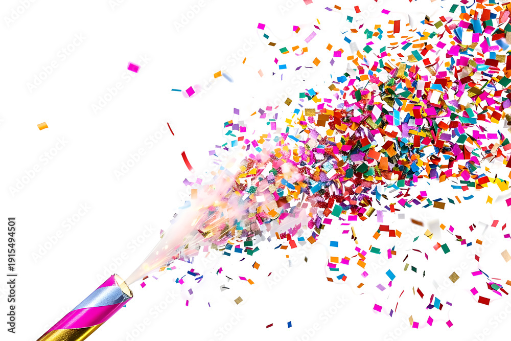 Fototapeta premium Festive celebration with exploding confetti cannon and multicolored sparks