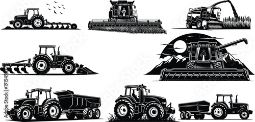 Agricultural Machinery Silhouette Set Featuring Tractor Combine Harvester Farm Equipment and Rural Farming Vector Illustration Collection