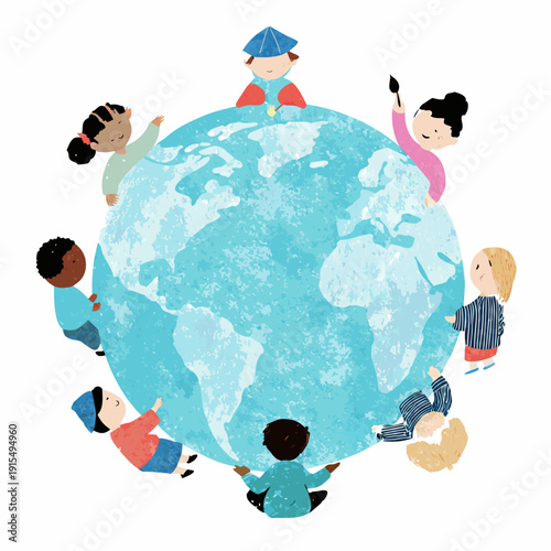 Diverse children encircling a blue globe symbolizing global unity and interconnectedness