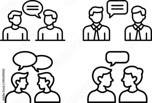 Business communication and conversation icons set. People talking line art vector illustration with speech bubbles. Teamwork, dialogue, meeting, customer support, and social interaction themes.