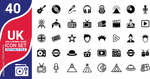 British Music & Media Icon Set – UK Pop Culture Solid Black Vector Icons Collection