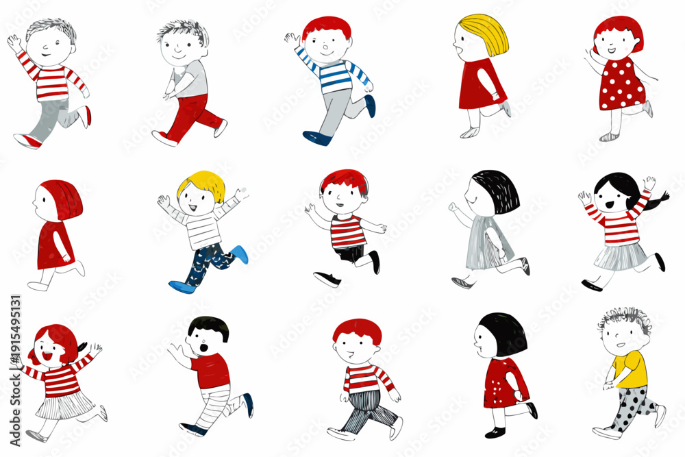 Fototapeta premium Cartoon illustration of diverse children in various poses and outfits running and waving