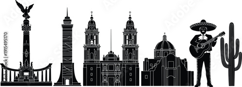 Mexico City Skyline Silhouette Featuring Angel of Independence Cathedral Mariachi Musician and Cactus Vector Illustration Design