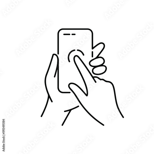Line art icon of hand touching smartphone screen with finger tapping pressing