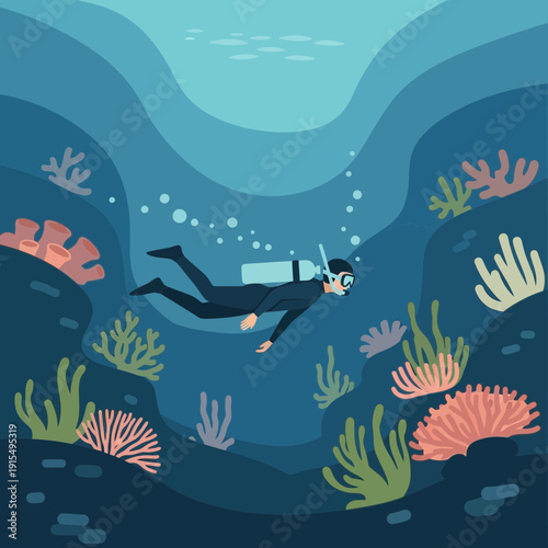 Serene Underwater Exploration Of Vibrant Coral Reefs By A Solo Diver