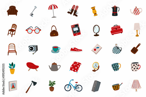 A collection of colorful illustrated icons depicting various household items and travel accessories