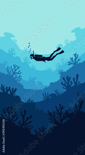 Serene Underwater Exploration Silhouette Of A Solo Diver Amidst Vibrant Coral Reefs