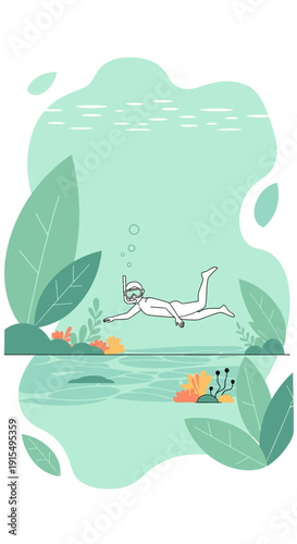 Serene Underwater Exploration Person Swimming Amidst Vibrant Coral Reef Flora