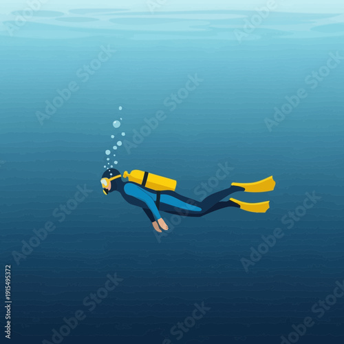 Serene Underwater Exploration With A Lone Diver Descending Deep Into The Ocean Abyss